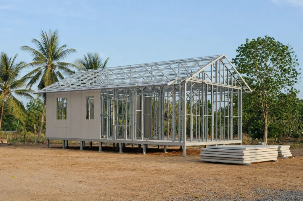 งานติดตั้งโครงสร้างบ้านน็อคดาวน์ที่หน้างานจริง พร้อมวัสดุที่กองรอประกอบ