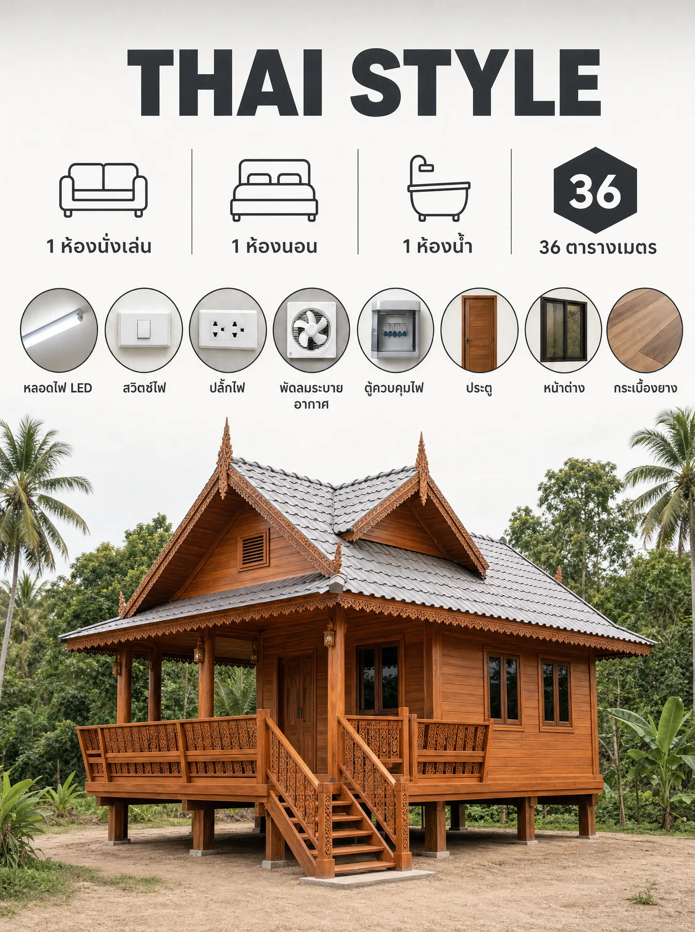 แบบบ้านน็อคดาวน์ทรงไทยประยุกต์ หลังคาจั่วเอกลักษณ์ไทย