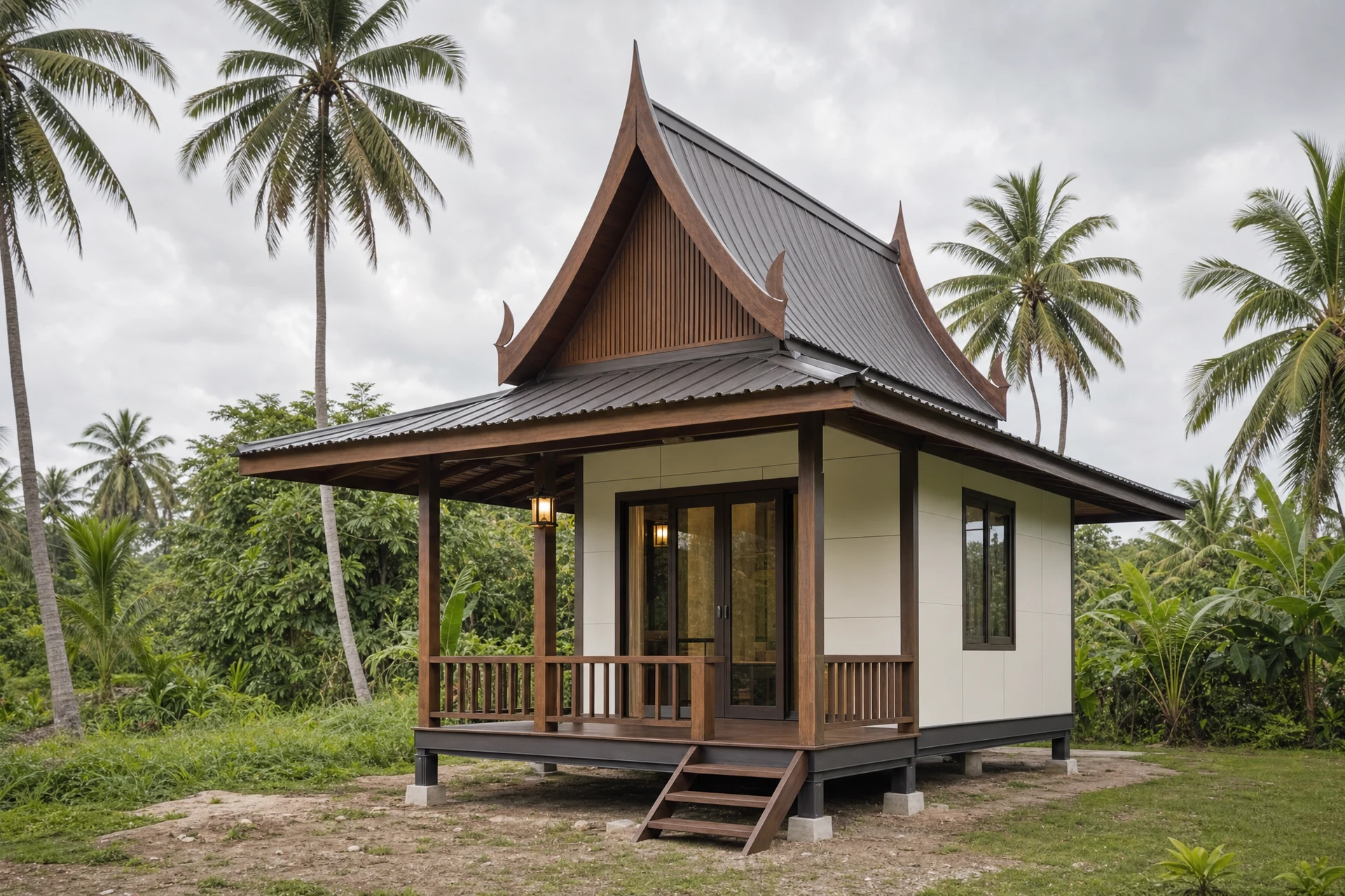 ตัวอย่างบ้านน็อคดาวน์เรือนไทยประยุกต์ จั่วสูง ชานพักหน้าบ้าน