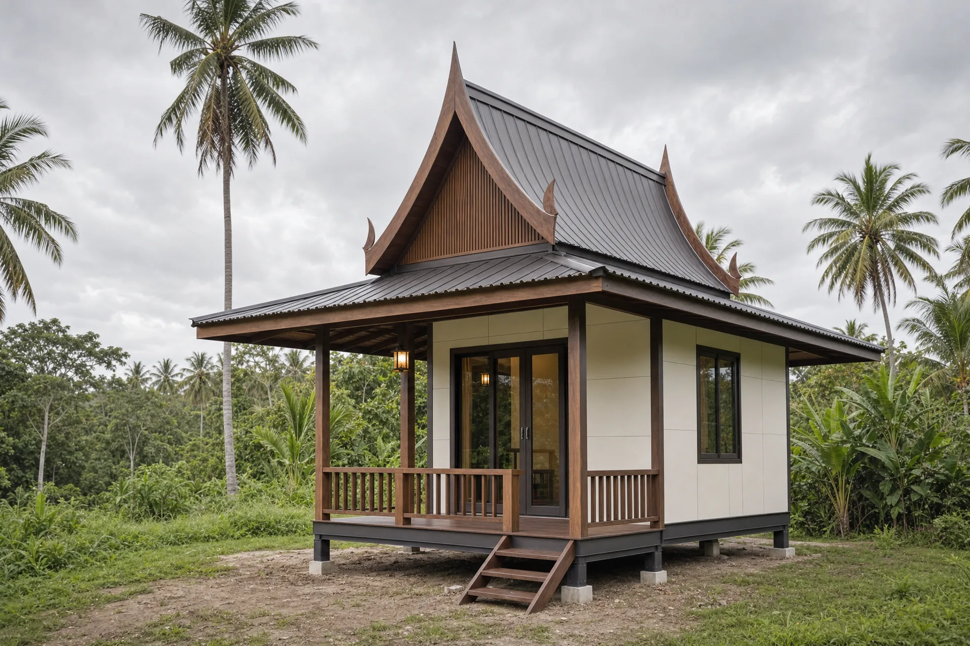 บ้านน็อคดาวน์เรือนไทยประยุกต์หลังเดียวกัน ถ่ายมุมเฉียงให้เห็นชานพักและใต้ถุนที่ยกสูง