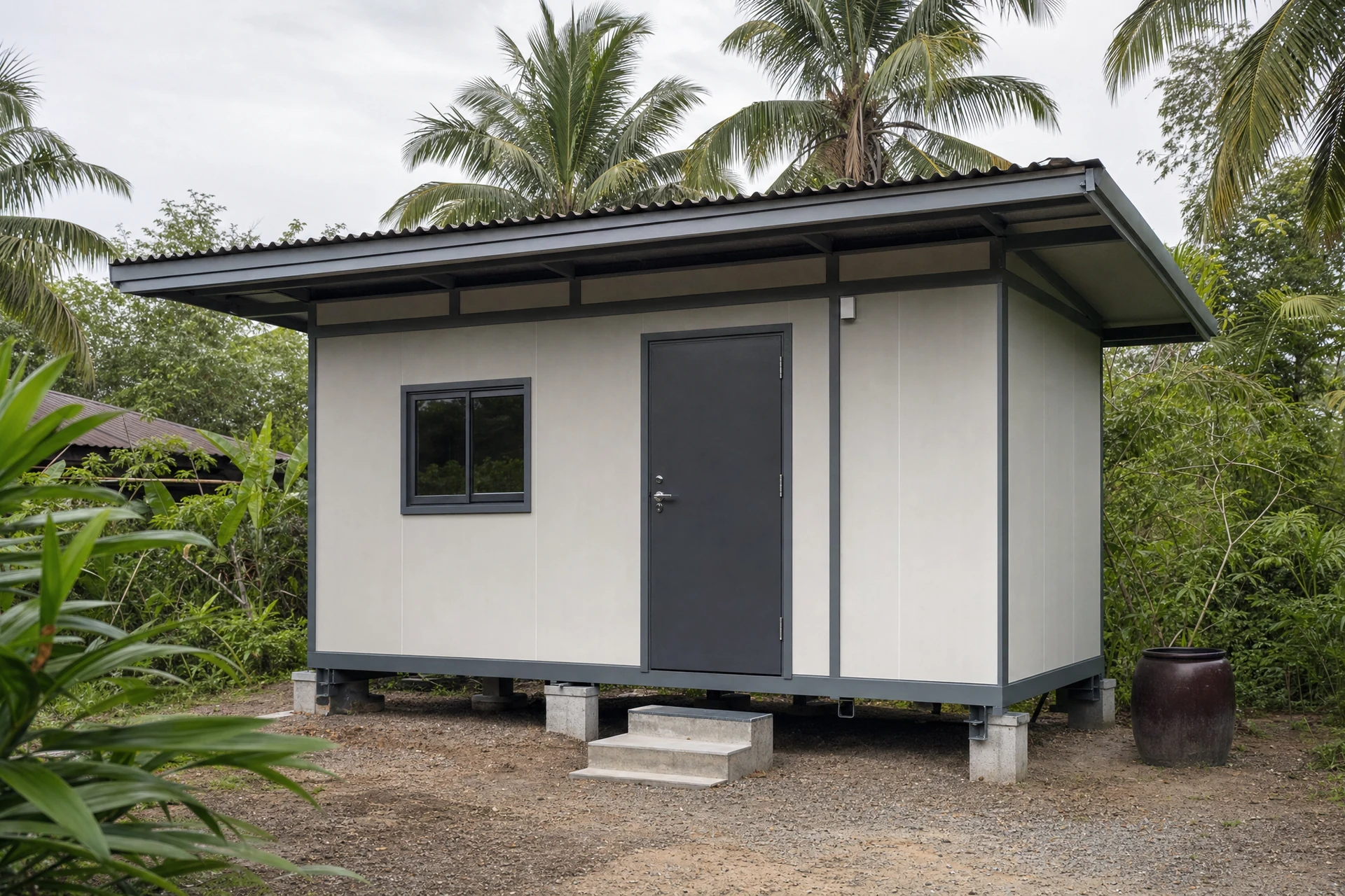บ้านน็อคดาวน์ห้องเดี่ยวขนาดเล็ก ผนังเรียบ หลังคาเมทัลชีท ไม่มีห้องน้ำในตัว