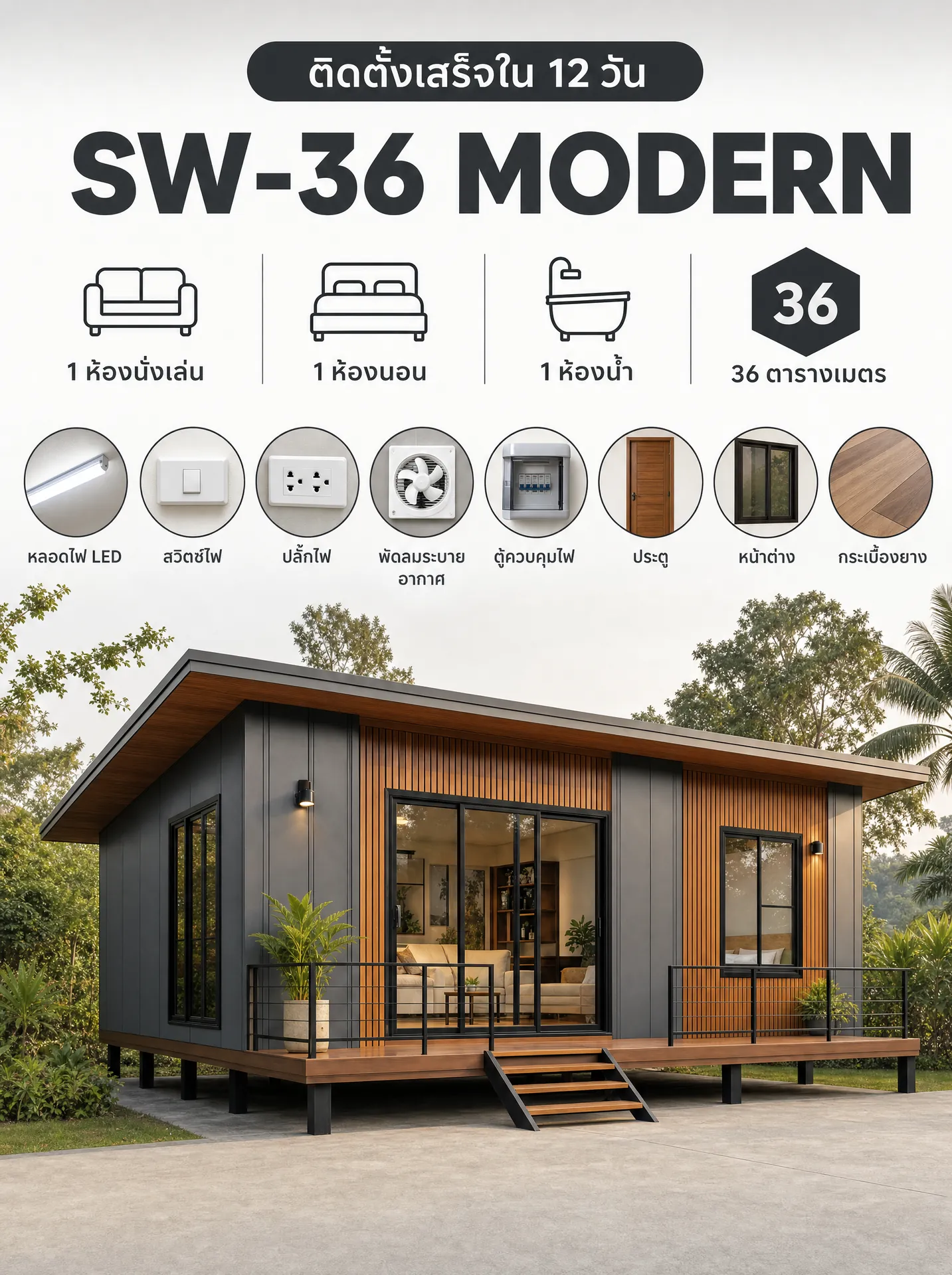 บ้านน็อคดาวน์สำเร็จรูปสไตล์โมเดิร์น รุ่น SW-36 ขนาด 36 ตารางเมตร พร้อมยกไปติดตั้ง