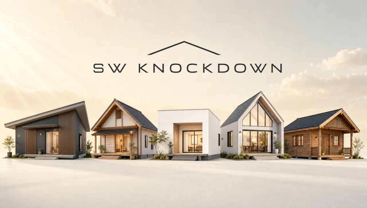บ้านน็อคดาวน์ 5 สไตล์ โมเดิร์น ฟูจิ มินิมอล นอร์ดิก และบ้านไม้ เรียงกันใต้โลโก้ SW KNOCKDOWN บนพื้นหลังโทนครีม
