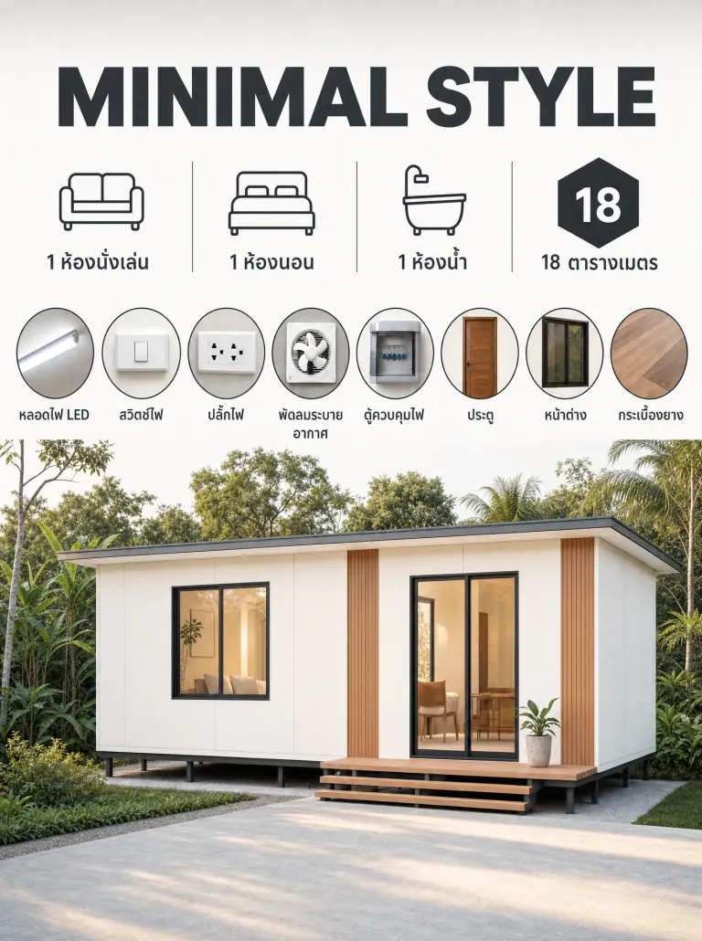 แบบบ้านน็อคดาวน์สไตล์มินิมอล ผนังเรียบโทนสว่าง