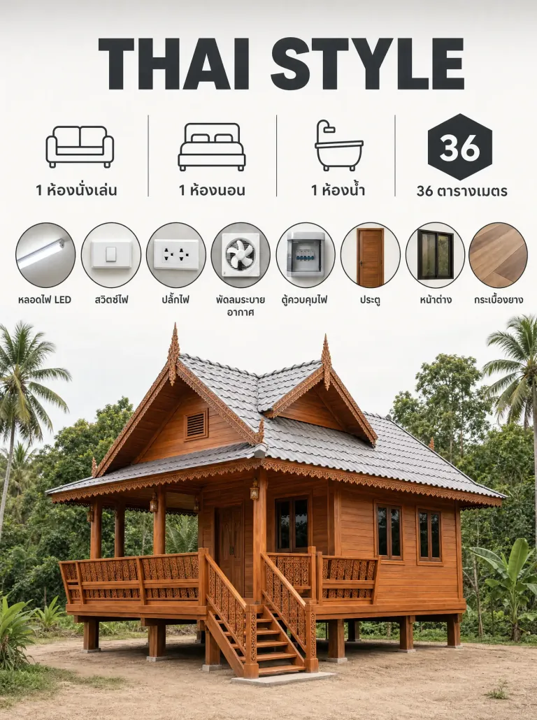 แบบบ้านน็อคดาวน์ทรงไทยประยุกต์ หลังคาจั่วเอกลักษณ์ไทย