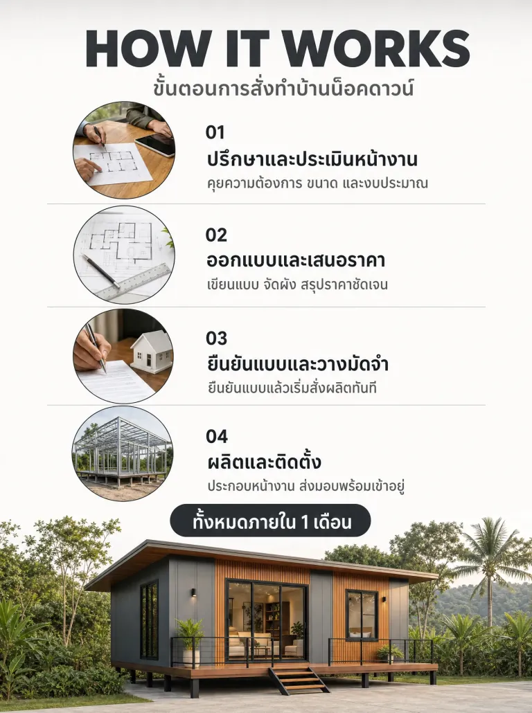 อินโฟกราฟิกขั้นตอนการสั่งทำบ้านน็อคดาวน์ 4 ขั้นตอน ตั้งแต่ปรึกษาจนถึงติดตั้ง ภายใน 1 เดือน